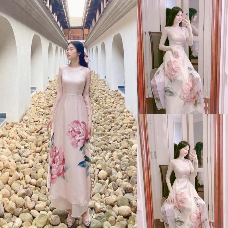 Áo dài , Áo dài cách tân 4 tà in hinh hoa chất tơ mềm siêu đẹp - Mã A7