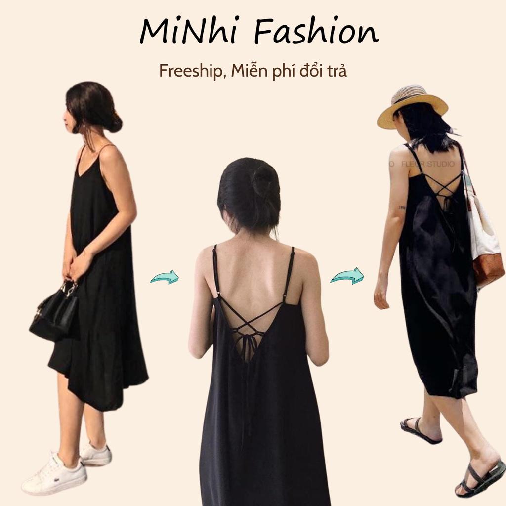 Đầm đen hở lưng đi biển, Váy 2 dây dáng suông Cao Cấp cột nơ sau vải cotton mát mẻ, quyến rũ gợi cảm - MiNhi Fashion