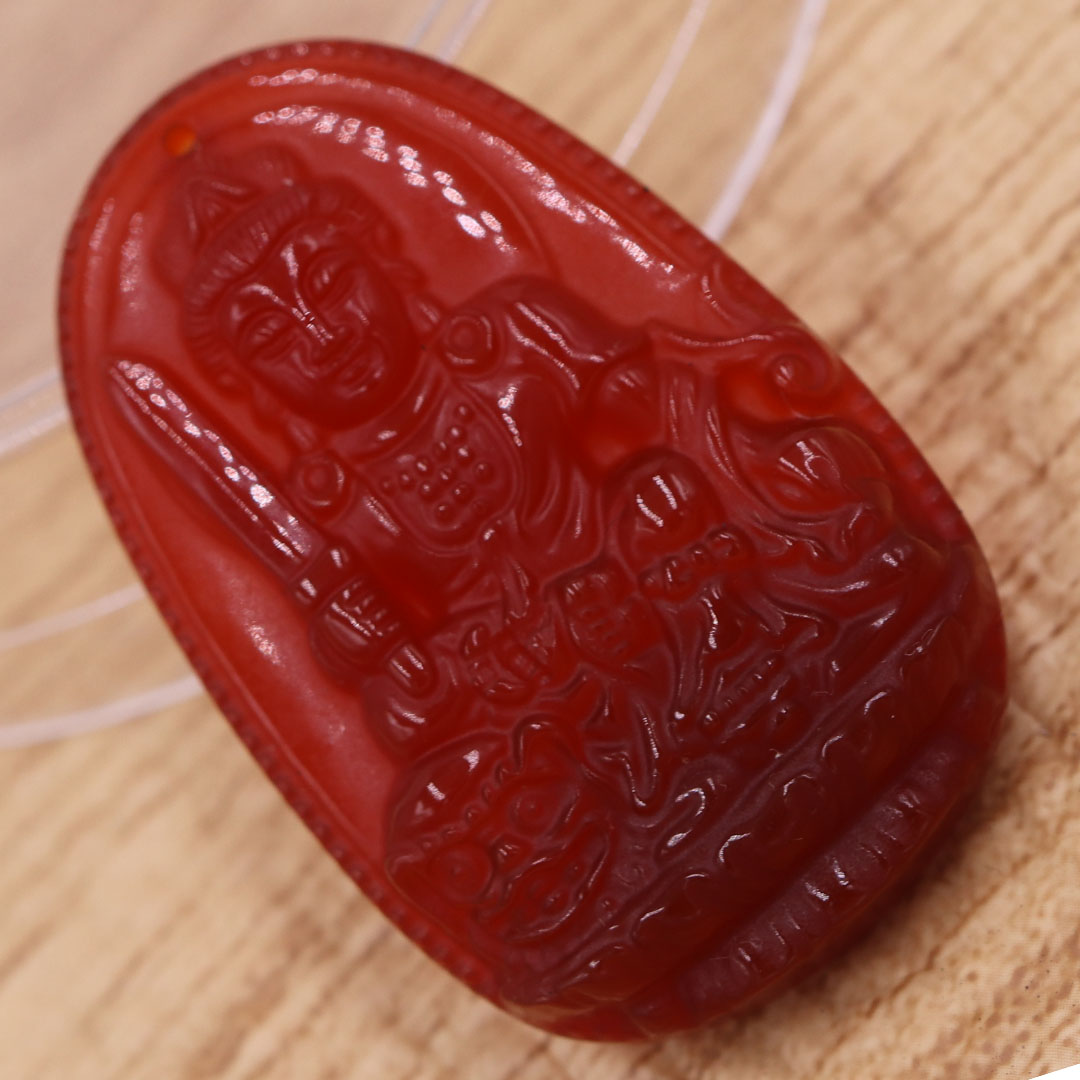 Mặt dây chuyền Văn thù bồ tát mã não đỏ 3.6 cm kèm vòng cổ dây dù đỏ, Phật bản mệnh, mặt dây chuyền phong thủy