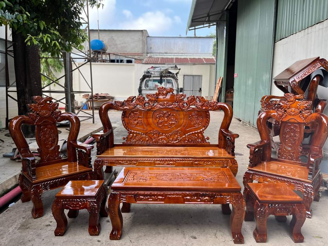 Bộ salon tràm bát tiên +nghê đỉnh ghế dài mặt liền tay 12-Bộ bàn ghế phòng khách