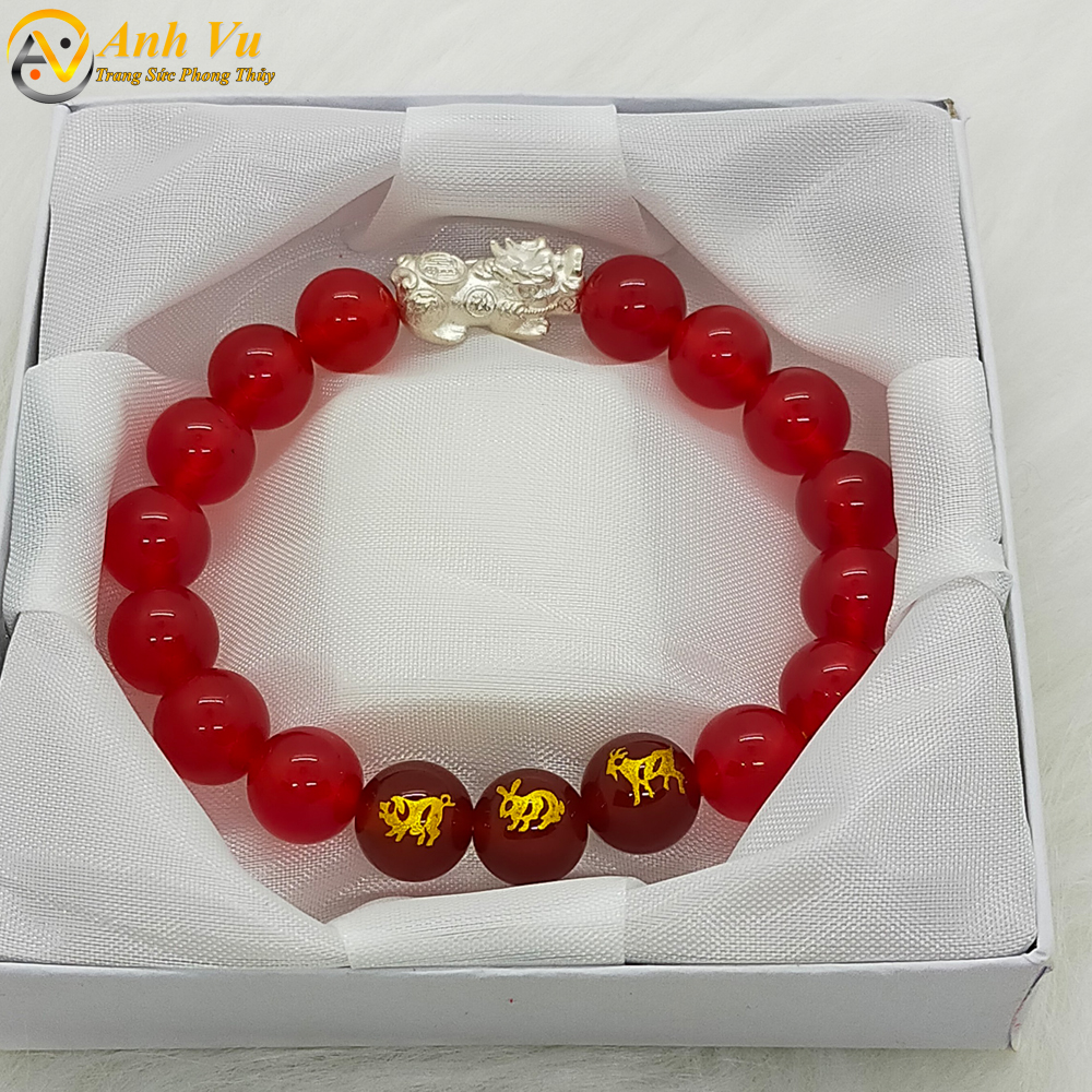 Vòng tay tỳ hưu tam hợp hợi mão mùi - chất liệu mã não đỏ tự nhiên - size 8 10 12ly cho người mệnh thổ, mệnh hỏa - có khai quang điểm nhãn may mắn tài lộc - bảo hành 12 tháng - PHONG THỦY ANH VŨ
