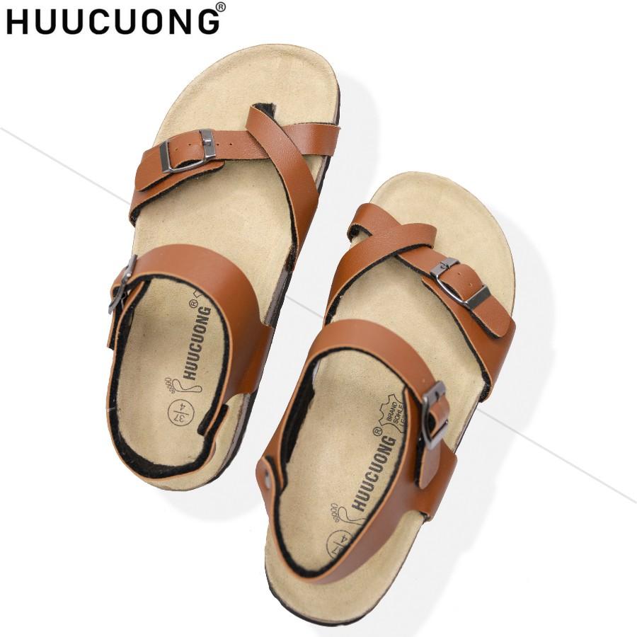 Giày Sandal Unisex HuuCuong xỏ ngón pu nâu đế trấu handmade