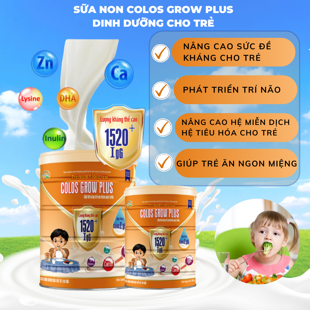 Sữa Non Colos GrowPlus Dành Cho Trẻ Biếng Ăn, Thấp Còi, Tiêu Hóa Kém và Phát Triển Chiều Cao - Lon 400g/ 800g