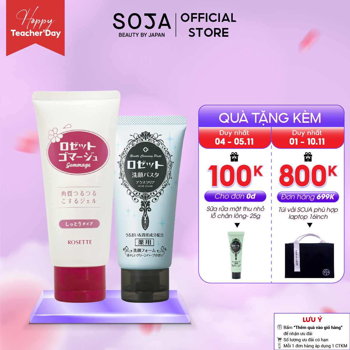 Bộ Sữa Rửa Mặt Làm Giảm Mụn Rosette Face Wash Pasta Acne Clear 120g và Tẩy Tế Bào Chết Dành Cho Da Khô Rosette Gommage Moist 180g