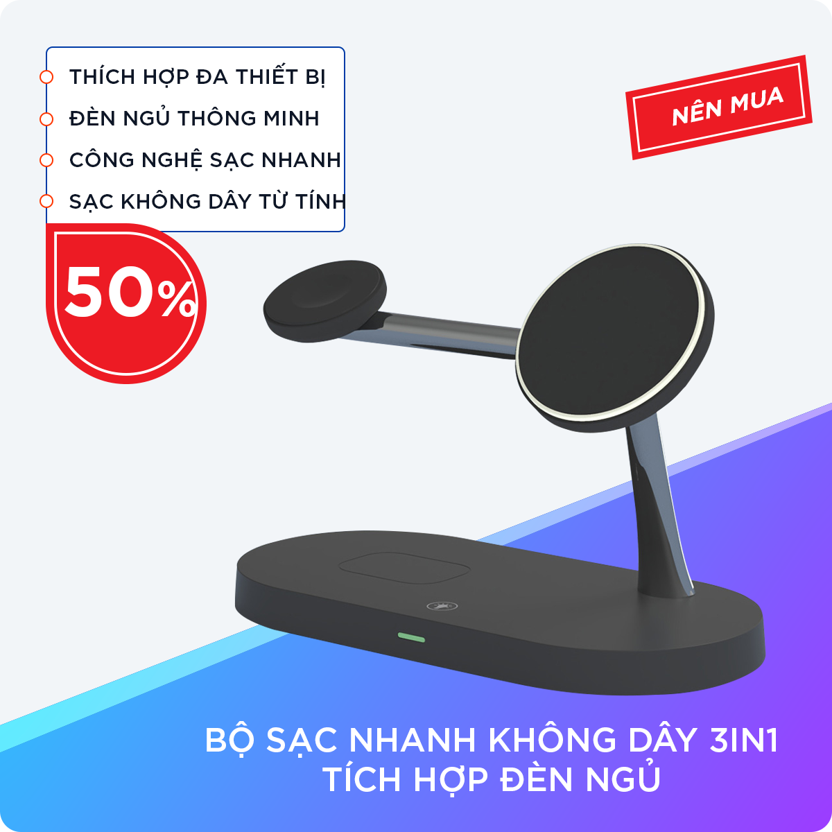 Đế Sạc Nhanh Không Dây 3in1 Tích Hợp Đèn Ngủ