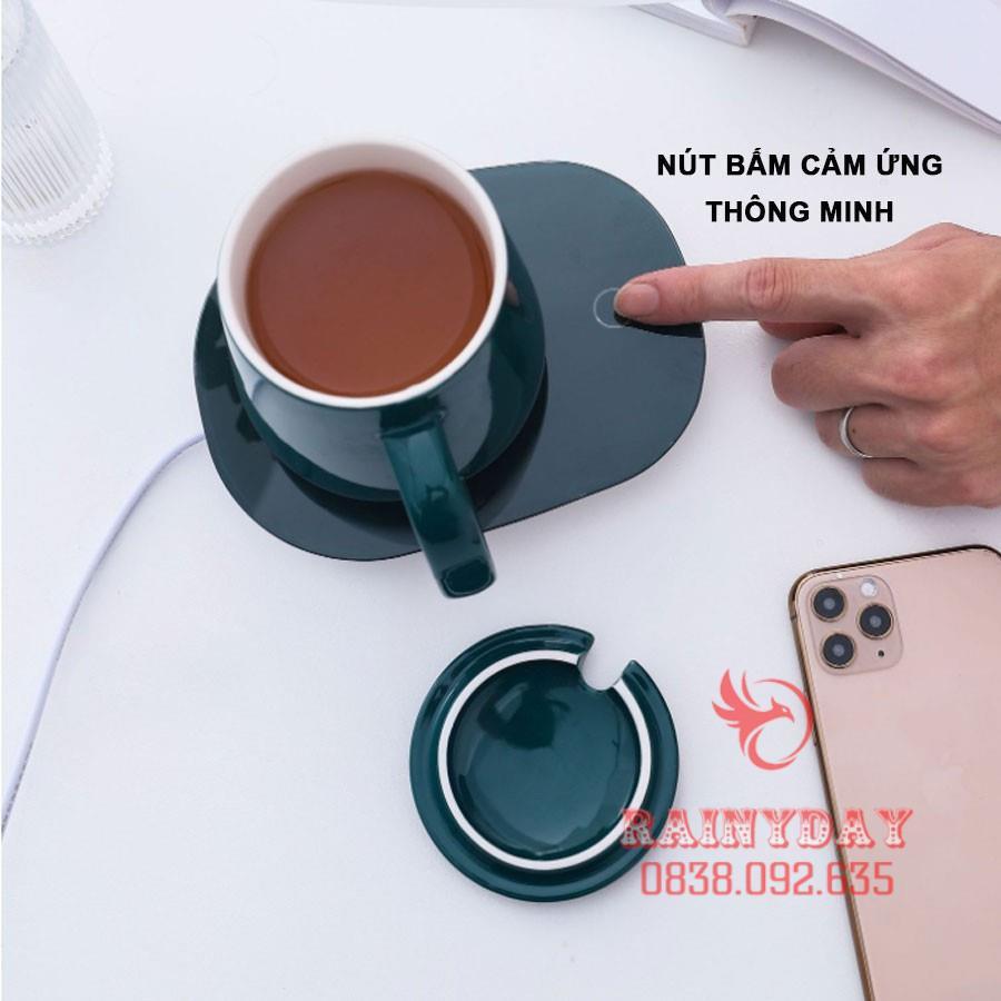 Đế máy hâm nóng đồ uống cà phê sữa cafe trà 55 độ cổng usb thông minh mini kèm cốc sứ thìa hộp