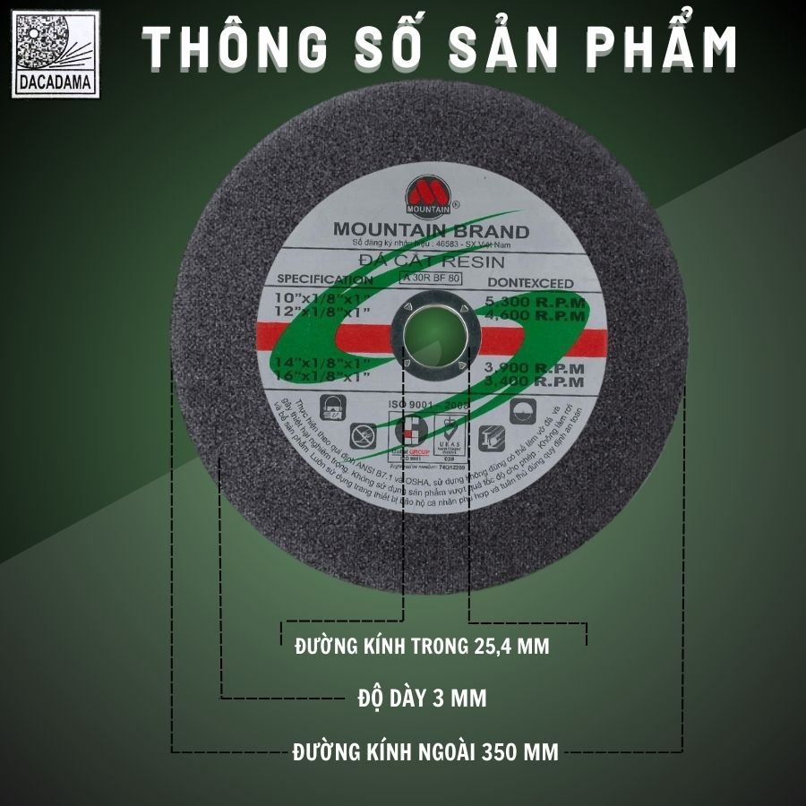 (10 Viên) Đá Cắt Kim Loại Mountain 300 x 3 x 25.4mm, Đá Cắt Núi 09 Chuyên Dùng Cắt Sắt Cắt Inox Sắc Bén, Không Bụi, Ít Hao Mòn | TOPWIN Official Store