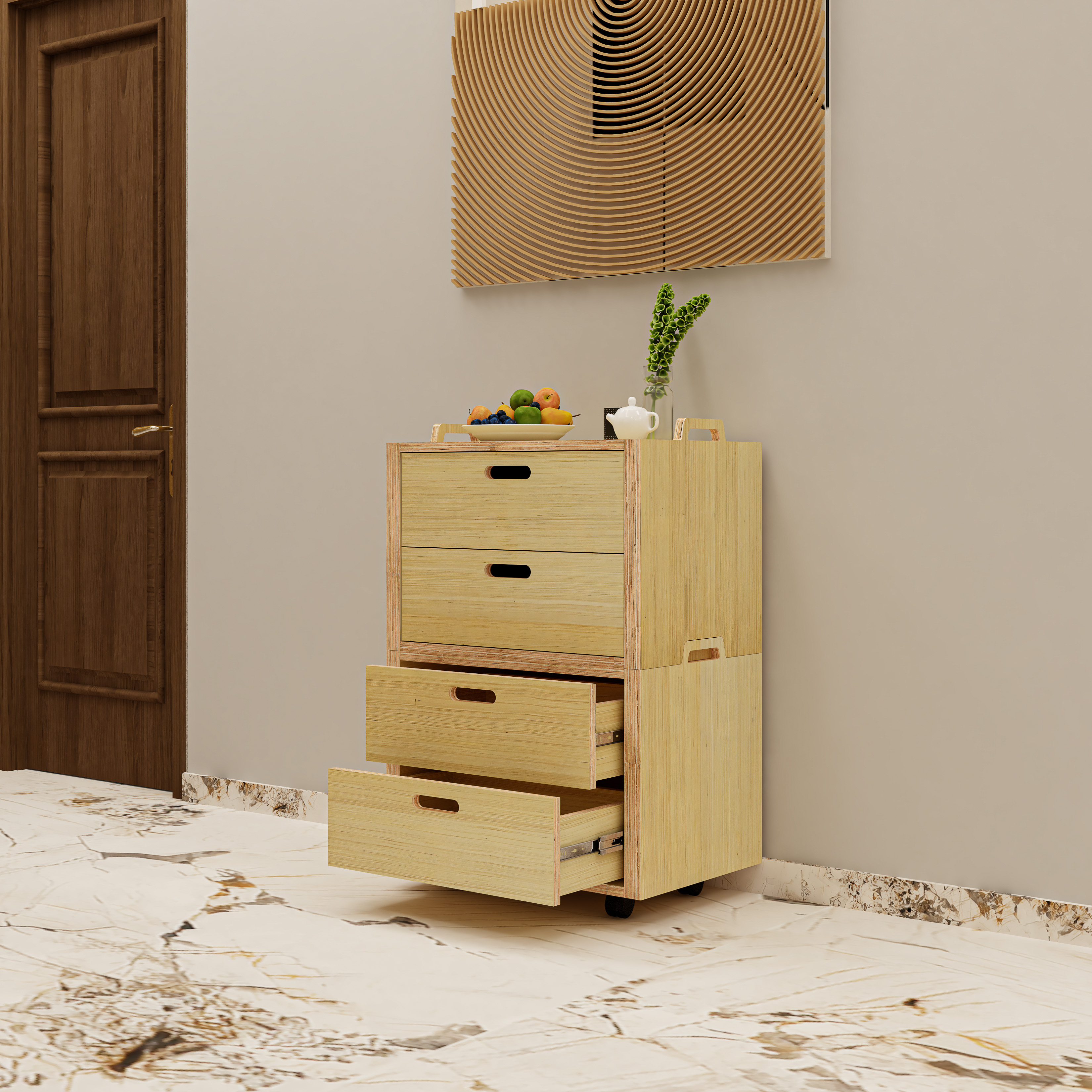 HAPPY FURNITURE , Gỗ tự nhiên , Tủ lưu trữ 4 ngăn kéo gỗ Plywood - GAMOR , THK_204 , 60cm x 40cm x 90cm DxRxC
