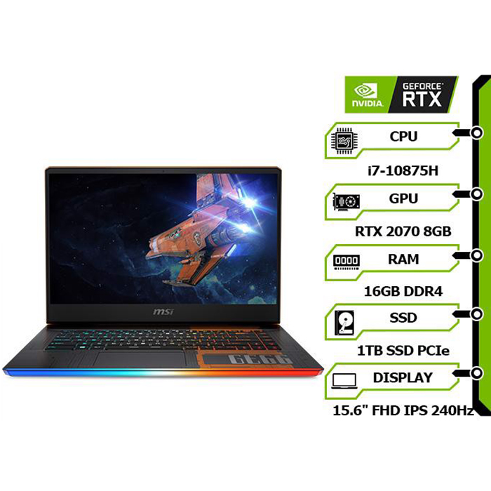 Laptop MSI GE66 Raider 10SF-483VN (Core i7-10875H/ 16GB (8GB x2) DDR4 2666MHz/ 1TB SSD PCIe G3X4/ RTX 2070 8GB GDDR6/ 15.6 FHD IPS, 240Hz/Win10) - Hàng Chính Hãng