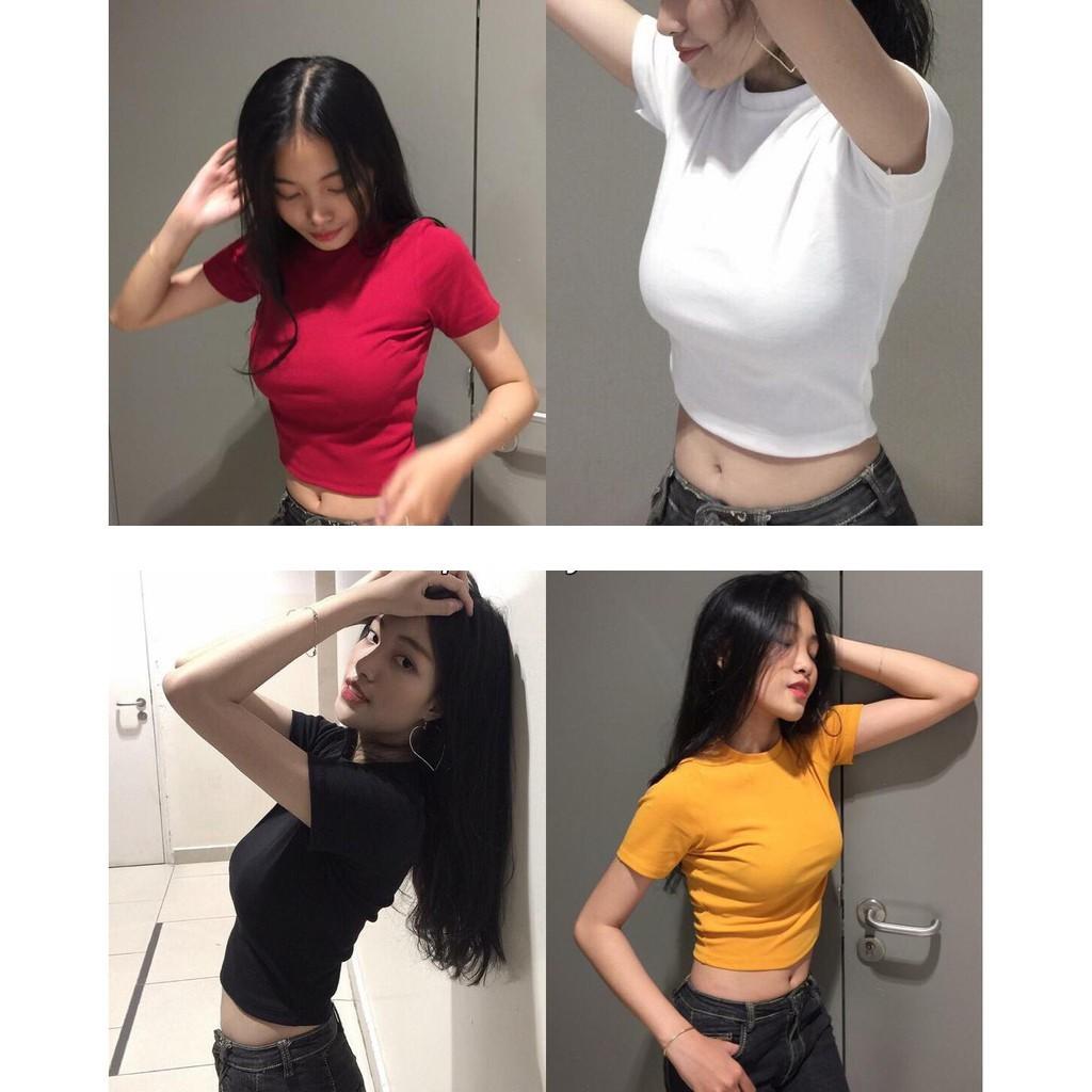 Áo croptop ôm body ngắn tay, áo thun croptop trơn cổ tròn dáng ôm