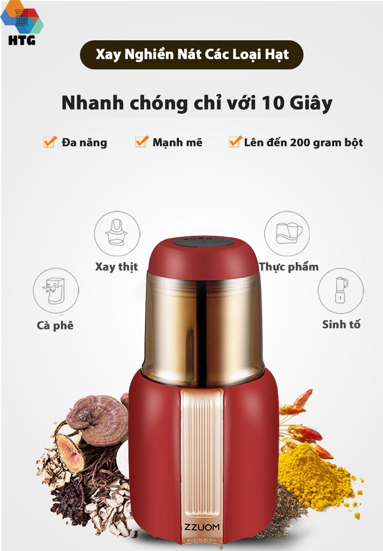 Máy xay nghiền bột gia đình ZZUOM MV-M601, Xay Mịn Cà Phê, Ngũ Cốc, Gia Vị, Dược Liệu Công Suất 300W Mạnh Mẽ, Hàng Chính Hãng