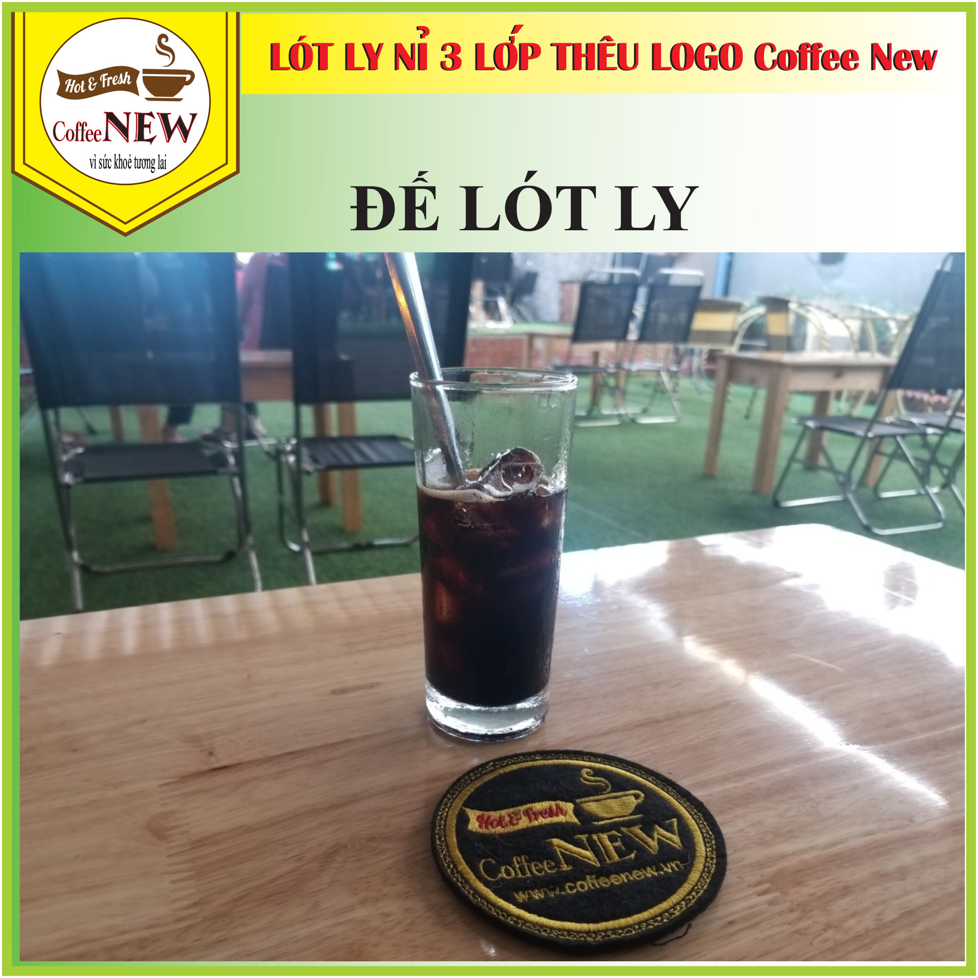 Đế Lót Ly (Nỉ 3 Lớp Cao Cấp) Thêu Logo Nổi Coffee New - Đường kính 9cm - Thấm nước nhanh - Nhỏ, gọn, Đẹp_Coffee New