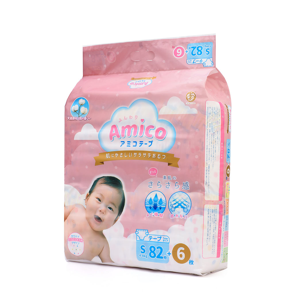 Bỉm - Tã dán Amico size S 82+ 6 miếng (Cho bé 4 - 8 kg)