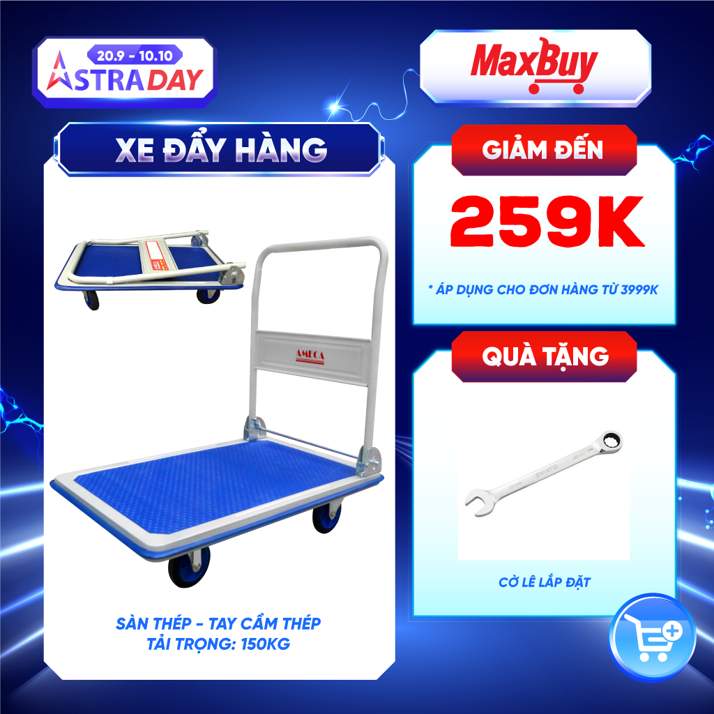 Xe Đẩy Hàng 4 Bánh Ameca HAM-150S- Sàn Thép, Khung Thép, Giảm ồn, Gấp gọn, tải trọng 150kg