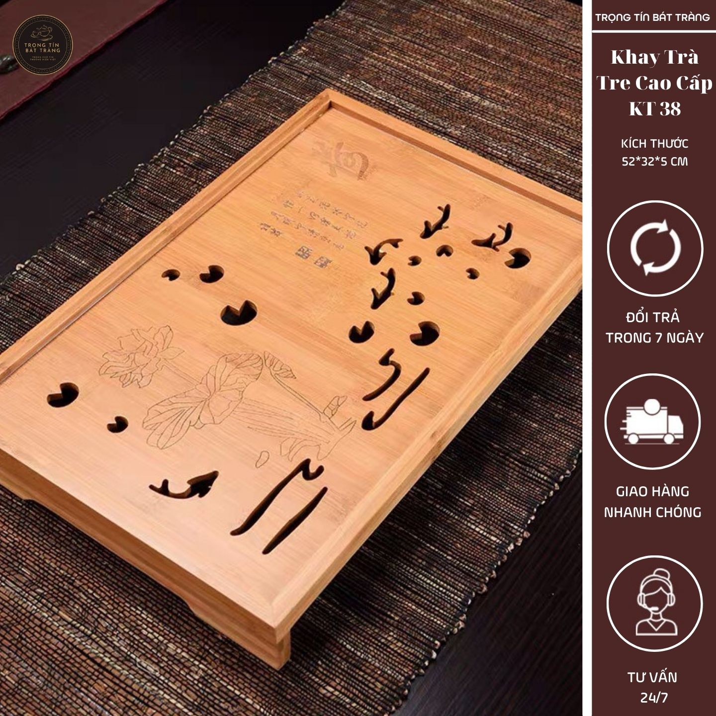 KT 38 Khay Trà Tre Cao Cấp Chữ Nhật Lớn Kích Thước 52*32*5