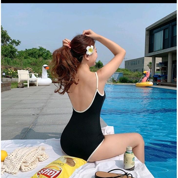Set Bikini 1 Mảnh, Bodysuit Đen Viền Trắng Khoét Lưng VATIXA BKN73