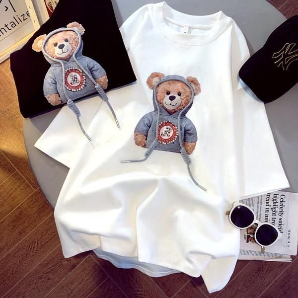 Áo Thun Nữ From Rộng Unisex Hình Gấu Đội Mũ in 5D Nét Căng, Áo Phông Form Rộng Nữ