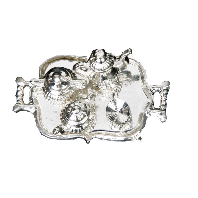 5pcs Silver Metal Tea Lid Pot Cups Tray Set 1:12 Dolls House Miniature Accs