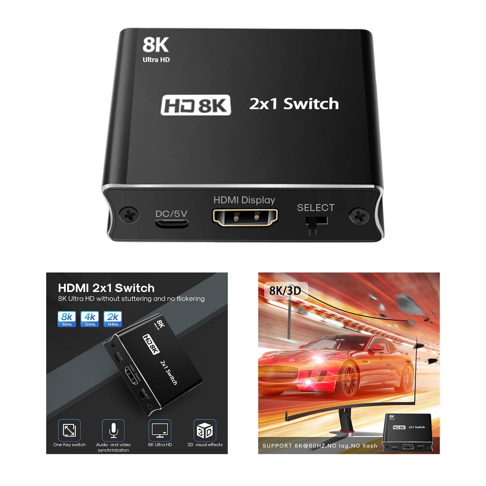 2x1 Switch 8K HDMI 2.1 Splitter ,2 in 1 Out ,High Speed ,8K 60Hz Signal Display 4K 120Hz 8K HDMI Switch Switcher for PS5 Laptop Monitors DVD