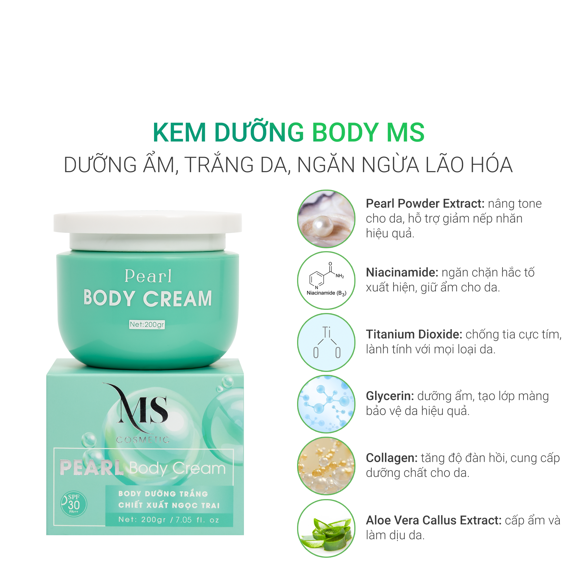 Kem Dưỡng Body MS Pearl Body Cream Hộp 200g, Kem Dưỡng Body Trắng Da Ngăn Ngừa Lão Hoá - MỸ PHẨM MS COSMETIC