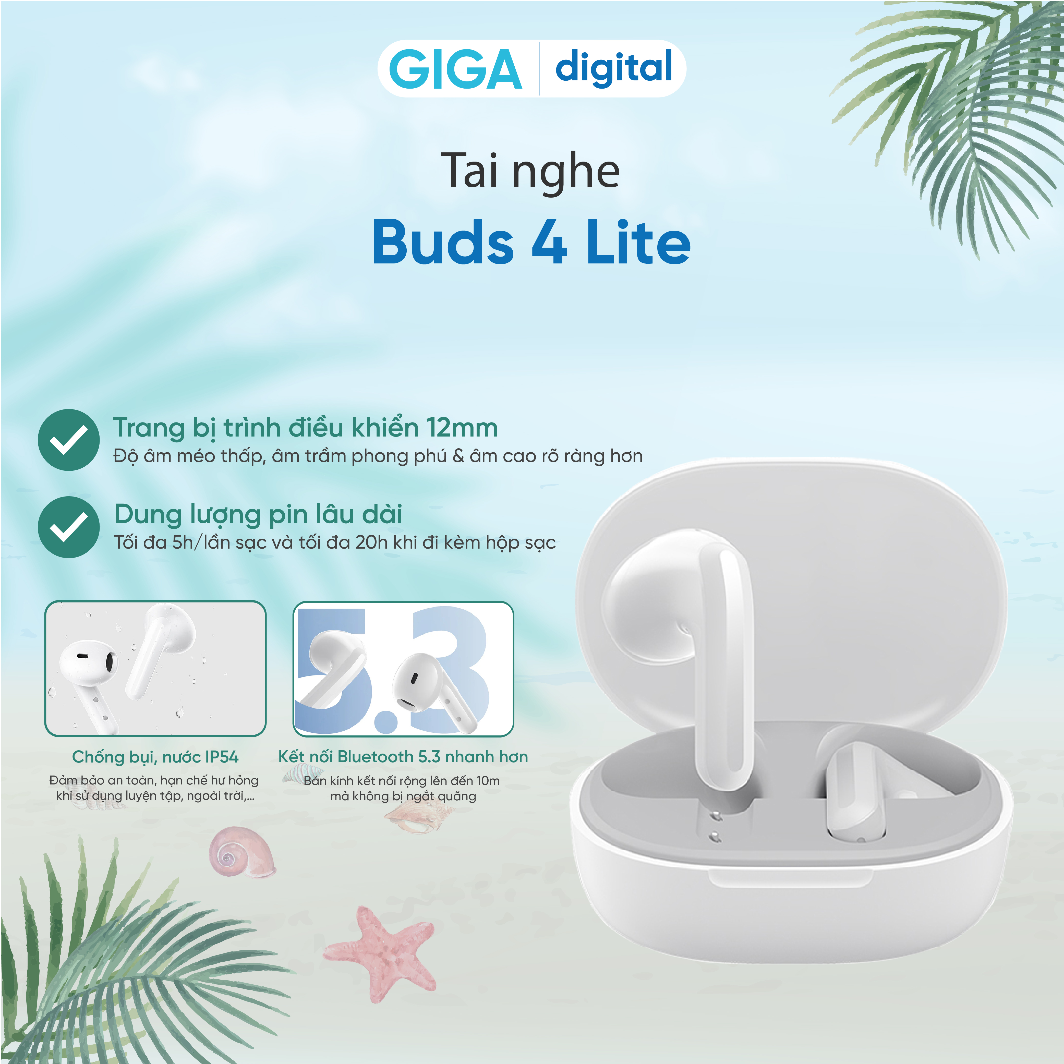 Tai nghe Xiaomi Redmi Buds 4 Lite Kết nối không dây Bluetooth 5.3 Hàng chính Hãng BH 12 tháng