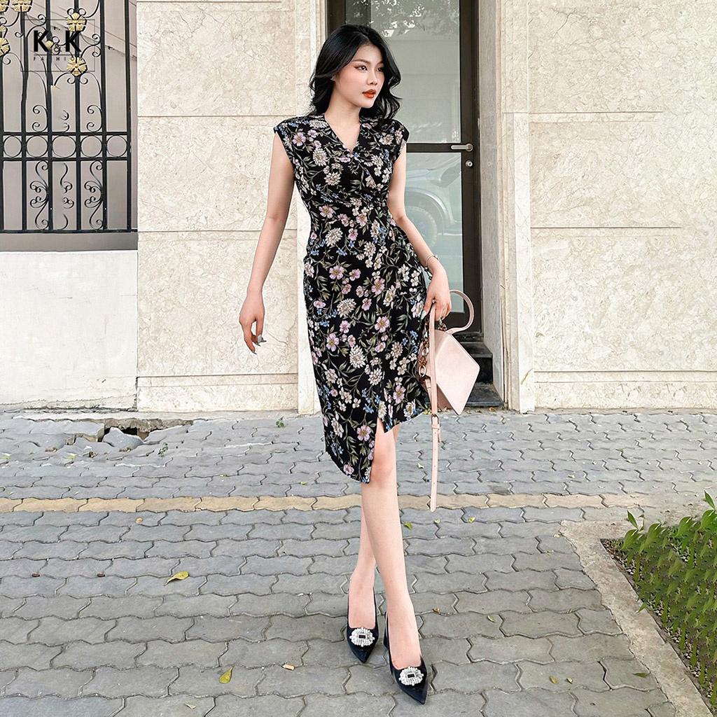 Đầm Quấn Wrap Dress Họa Tiết Hoa Cổ Tim K&K Fashion KK120-02 Chất Liệu Xốp Thái