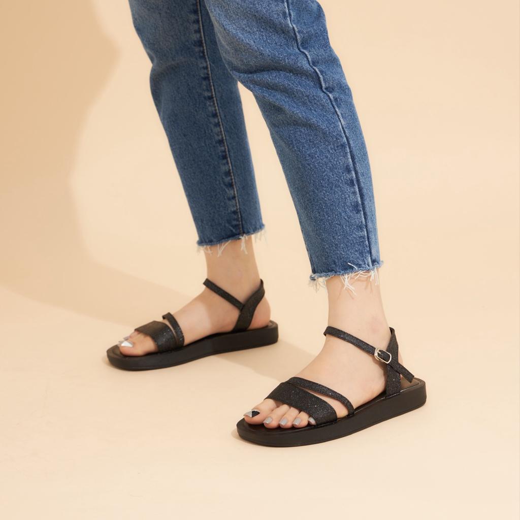 Giày Sandal Nữ MWC 2971 - Giày Sandal Quai Ngang Kim Tuyến Phối Quai Mảnh Cách Điệu Đế Bằng Thời Trang