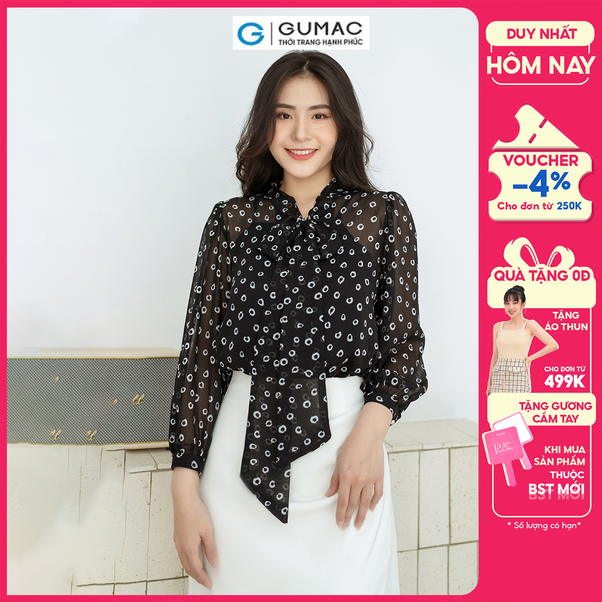Áo họa tiết thắt nơ GUMAC AD08018