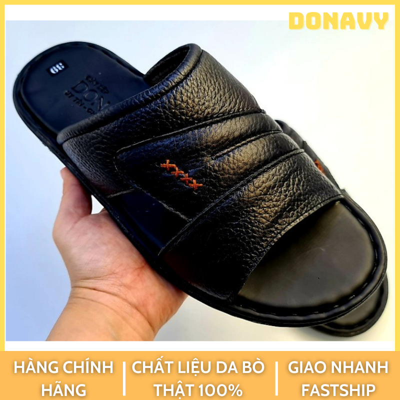 Hình ảnh Dép quai ngang nam da bò tự nhiên DONAVY cao cấp kiểu dấu X may chắc chắn DQN4X