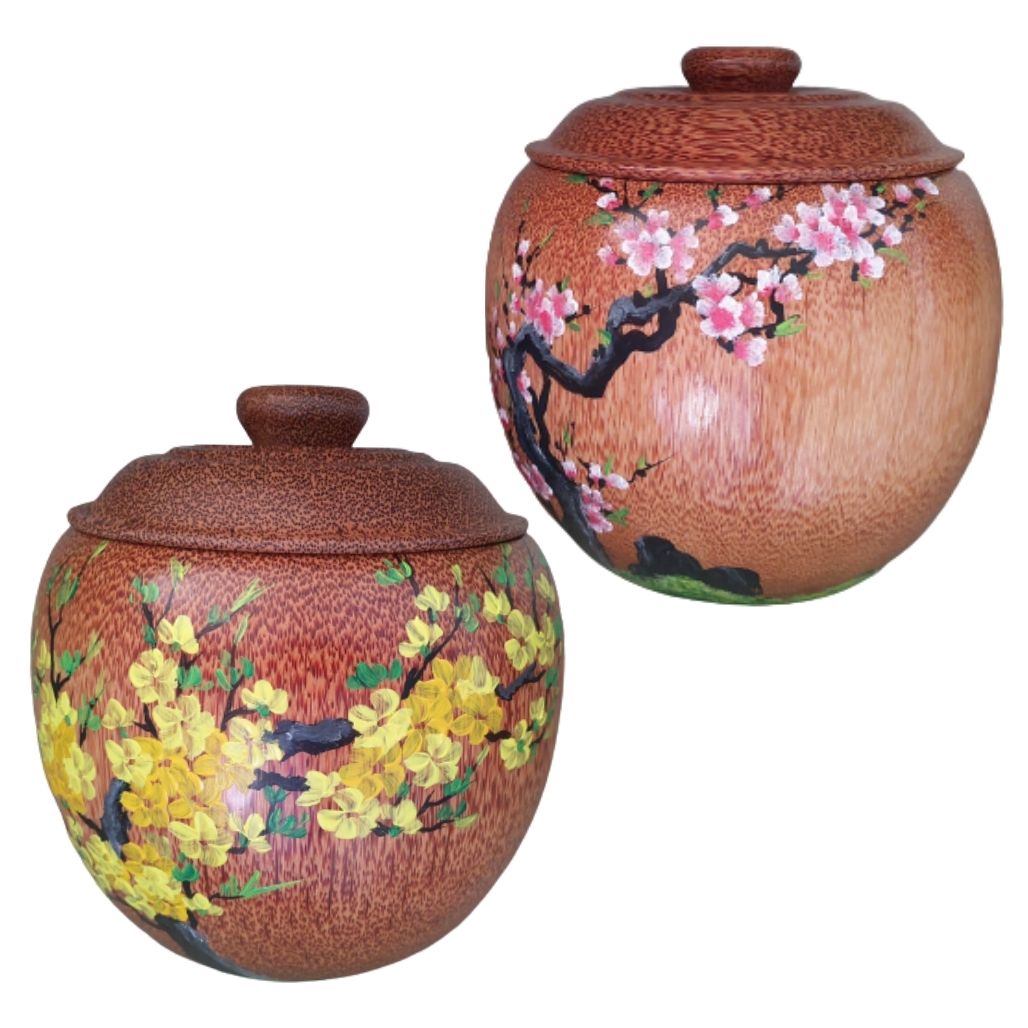 Bình Trà Gỗ Dừa Gọn Đẹp Hoa Văn Hoa Mai, Hoa Đào, Hoa Sen Và Bình Trà 700 - 950ml  - Sản Phẩm Được Sản Xuất Tại Bến Tre