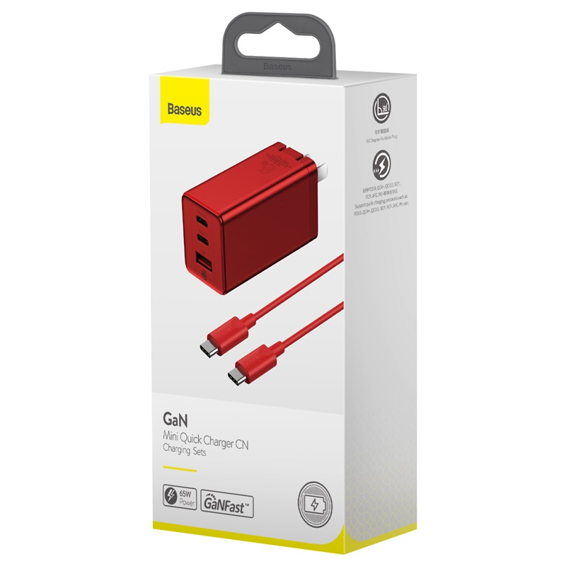 Củ Sạc Baseus GaN Mini Fast Charging Charger C+C+A 65W CN Standard Plug Red Charging Set - Hàng chính hãng