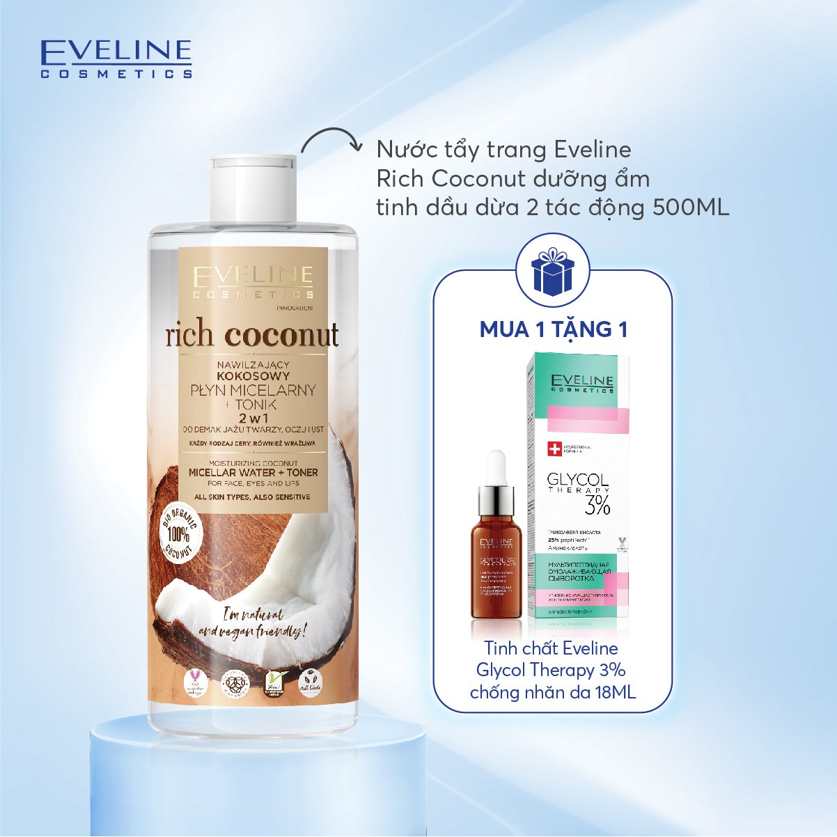 [ Tặng serum eveline 3% ] Nước tẩy trang Eveline Rich Coconut dưỡng ẩm tinh dầu dừa 2 tác động 500ML