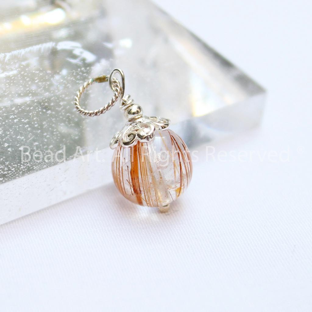 Mặt Dây Chuyền Thạch Anh Tóc Nâu 9mm Loại AA Và Bạc 925, Trang Sức Đá Phong Thuỷ, Thổ, Kim - Bead Art