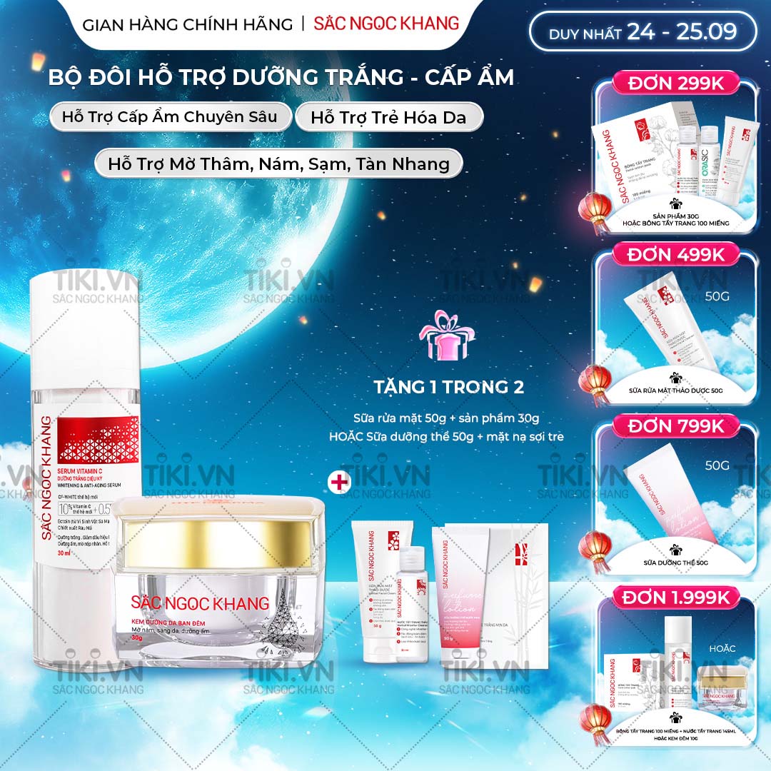 Bộ đôi cấp ẩm, dưỡng trắng da Sắc Ngọc Khang: Serum C dưỡng trắng 30ml + Kem dưỡng da ban đêm 30g