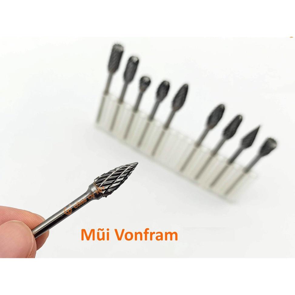 Bộ 10 đầu doa trạm khắc gỗ vonfram cỡ 4/5/6mm trục cốt 3ly
