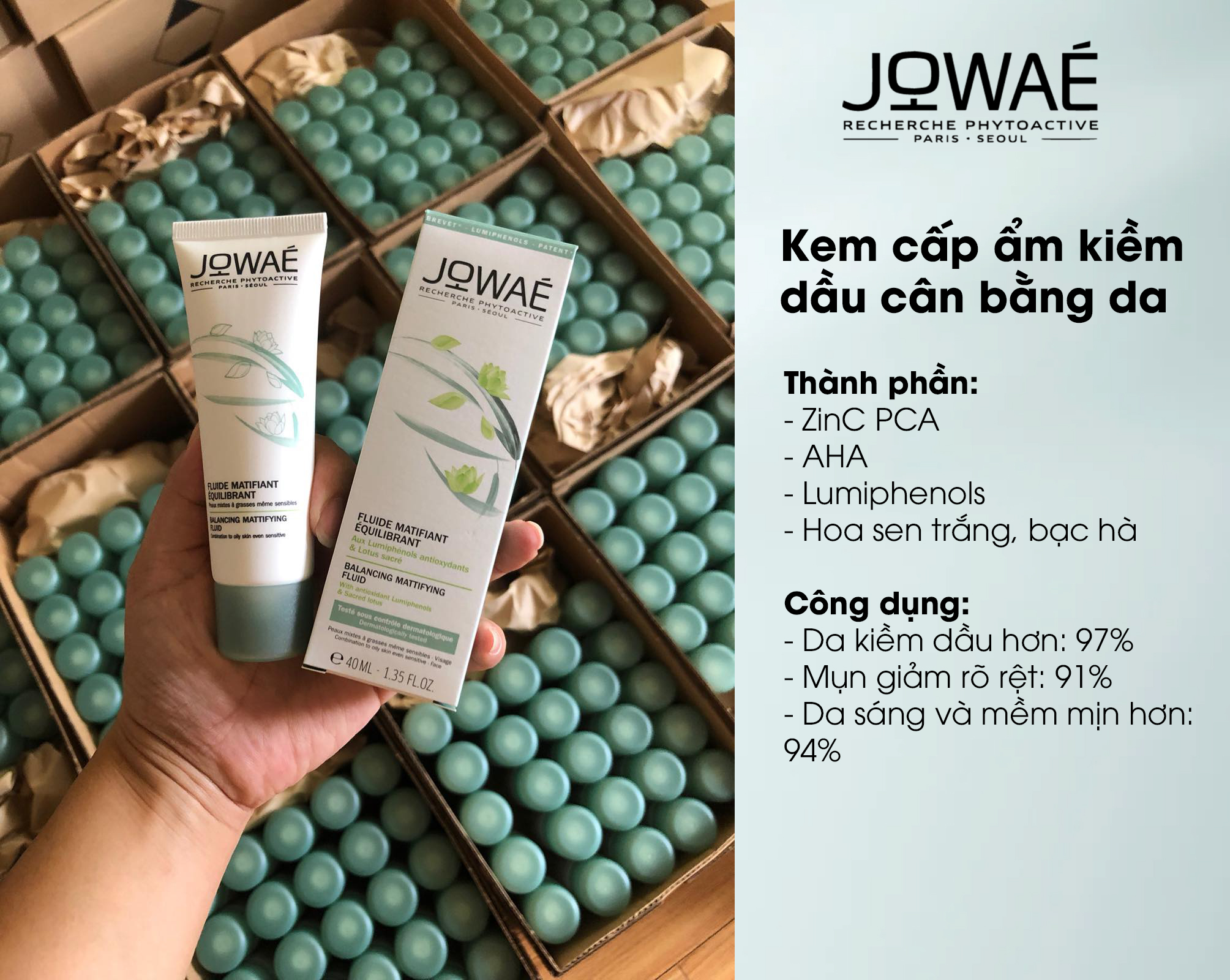 Kem cấp ẩm kiềm dầu cân bằng da JOWAE mỹ phẩm thiên nhiên nhập khẩu chính hãng từ Pháp BALANCING MATTIFYING FLUID 40ml