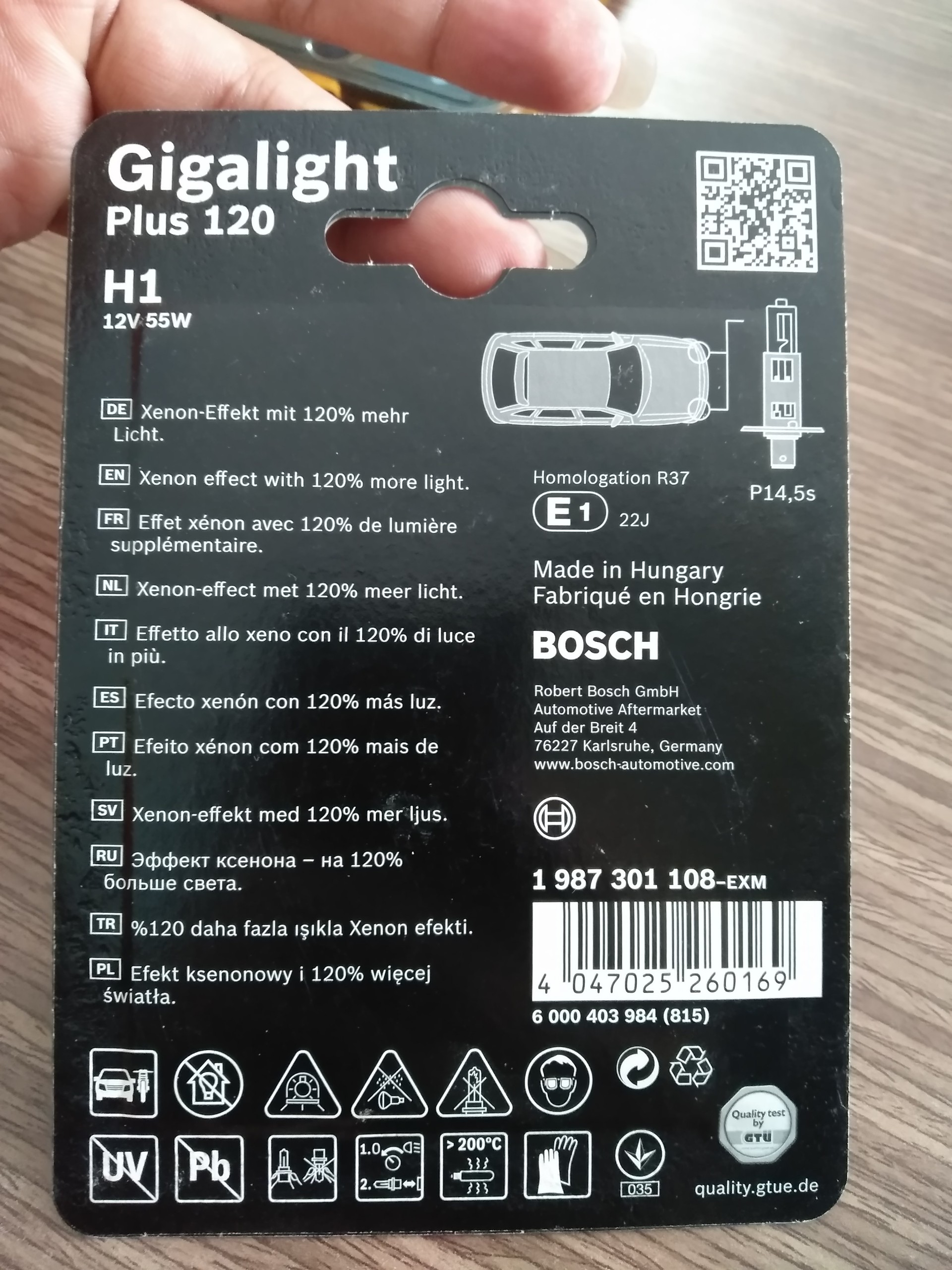 Bóng Đèn Tăng Sáng Bosch H1 12V 55W Gigalight Plus 120% (Vỉ 1 Bóng)