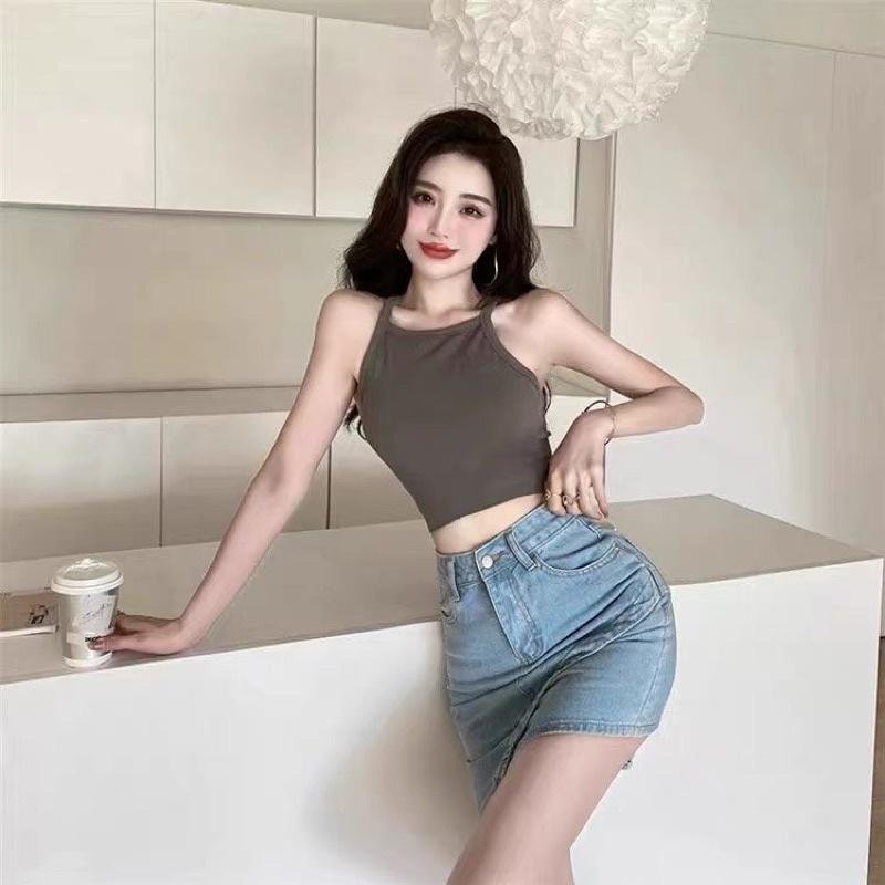 Áo yếm hai dây lệch ôm body dệt kim có đệm mút Quảng Châu cao cấp