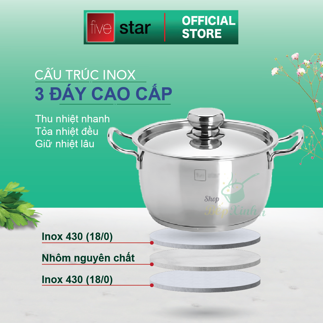 Bộ 3 Nồi Thân Cool Thấp Nắp Inox Fivestar FS06C-1 - Hàng Chính Hãng