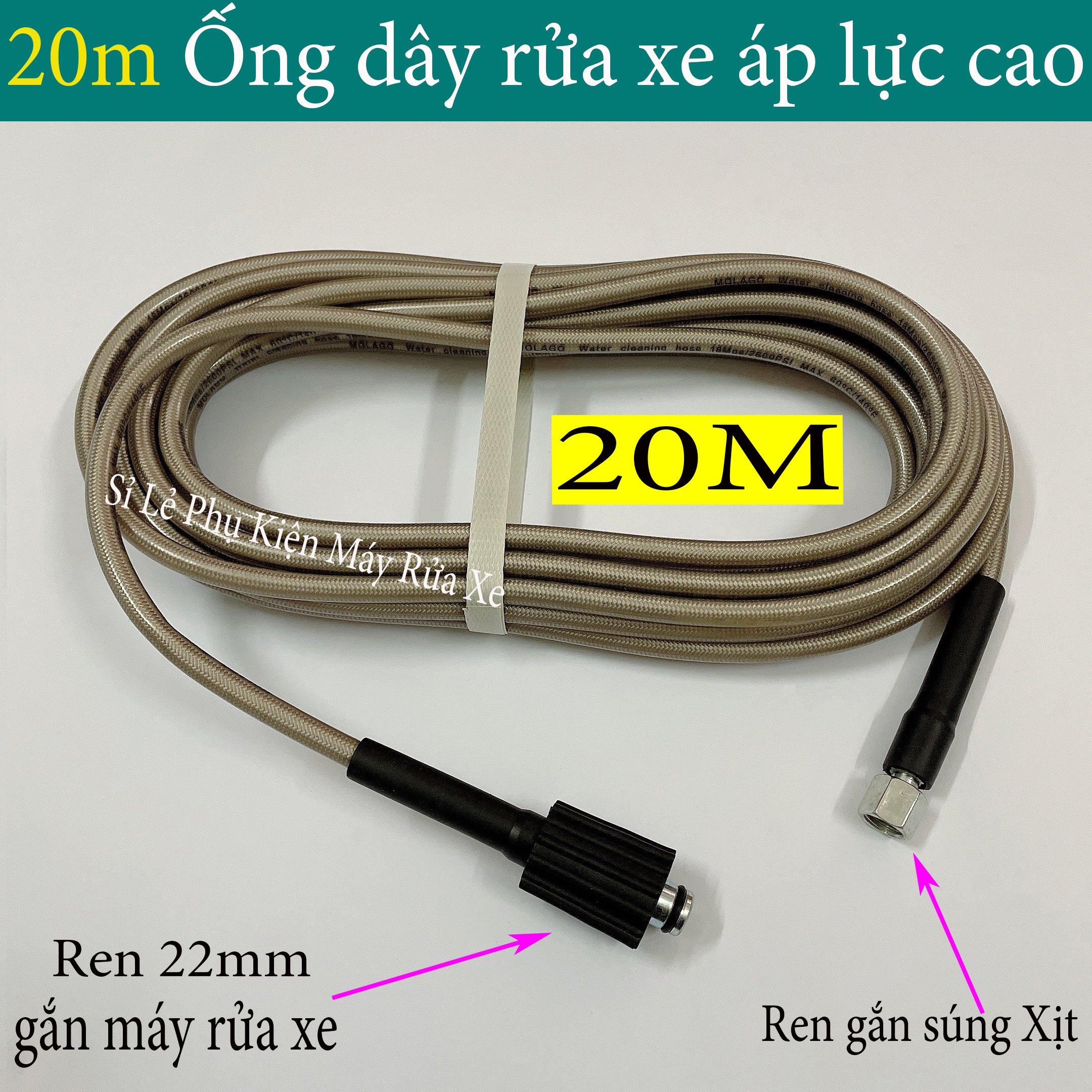 20m Ống dây rửa xe cho máy bơm xịt áp lực cao Ren 14mm-Đầu lõm | dây xịt rửa xe áp lực cao