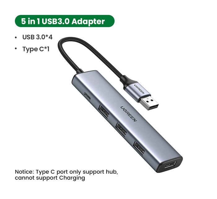 Hub chia USB 3.0 Type-A ra 4 cổng USB 3.0 tốc độ 5Gbps dây bọc dù vỏ nhôm Ugreen 20805 hàng chính hãng