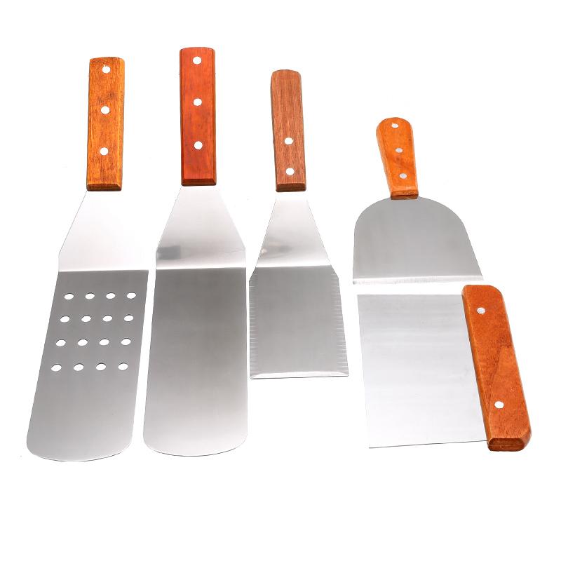 5 cái/bộ Thìa Đũa Inox Tay Cầm Gỗ Vỉ Nướng Salad Cạp Xay Thịt BBQ Nướng Đồ Dùng Nấu Ăn Dụng Cụ Nhà Bếp
