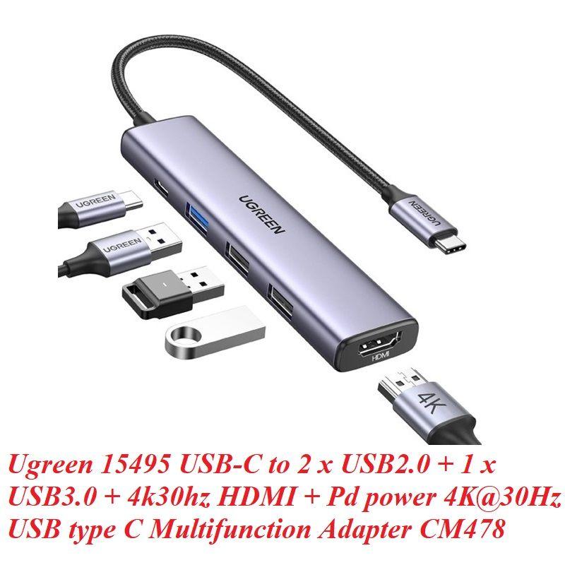 Ugreen UG15495CM478TK USB type C sang 2 x USB 2.0 + 1 x USB 3.0 + 1 x HDMI 4K30Hz + 1 x USB-C PD 100W Bộ chuyển Màu Xám - HÀNG CHÍNH HÃNG