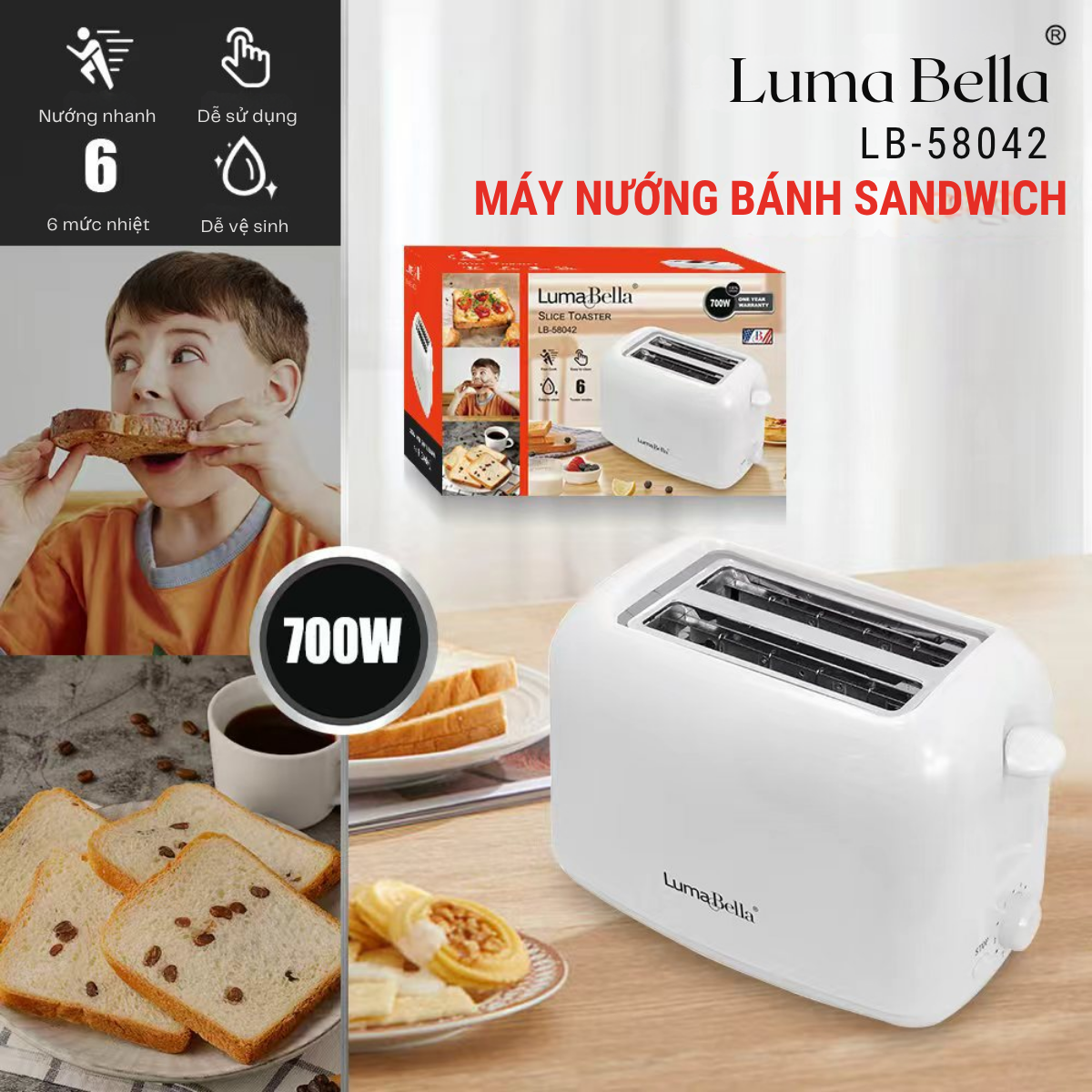 Máy nướng bánh mì sandwich Lumabella  LB-58042 công suất cao 700W, 6 nấc nảy tự động làm bữa sáng tiện lợi - DELIYA HÀNG CHÍNH HÃNG