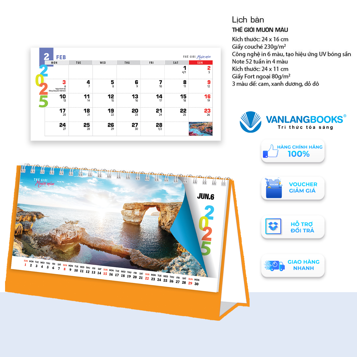 Lịch 2025 Lịch Bàn Ngang - Thế Giới Muôn Màu - VLLB13 - Lịch Văn Lang - Cam
