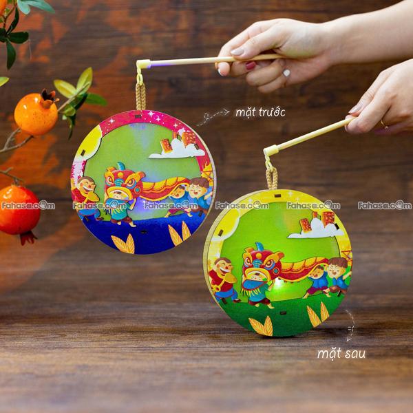 Lồng Đèn Trung Thu Gỗ 2 Mặt Màu - Bách Mộc - Lân Tròn