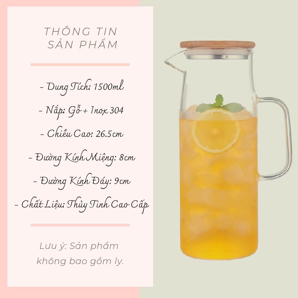 Bình Trà Thủy Tinh Nắp Gỗ Mặt INOX Thể Tích 1500ml