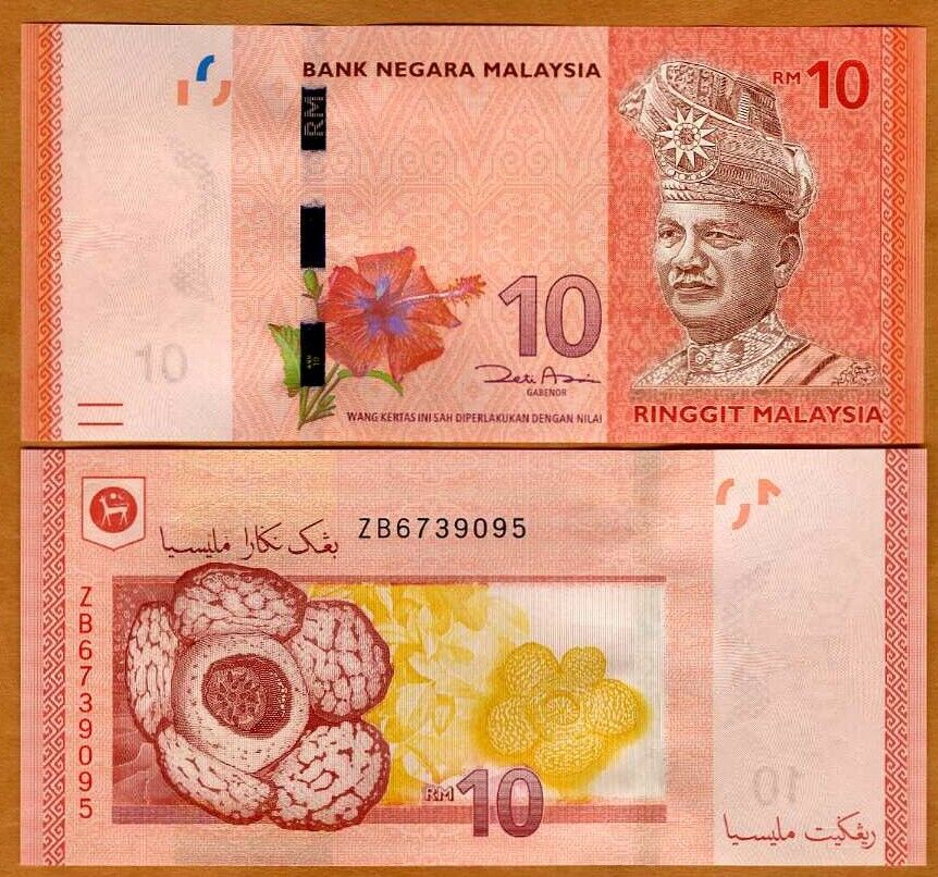 Tiền Malaysia 10 RM màu đỏ may mắn sưu tầm