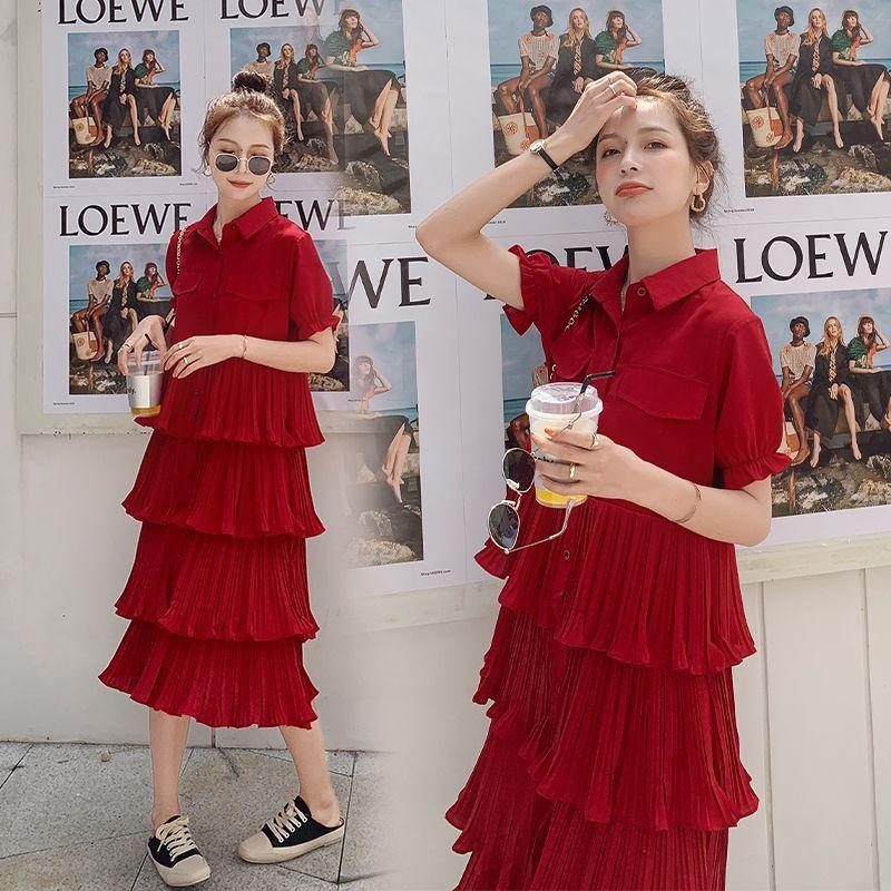 SHUANGYAN Blue Sea Yueno Fairy Mori Dress Platterone váy mối tình đầu màu đỏ 2023 mùa hè khí chất bánh váy chiffon đầm