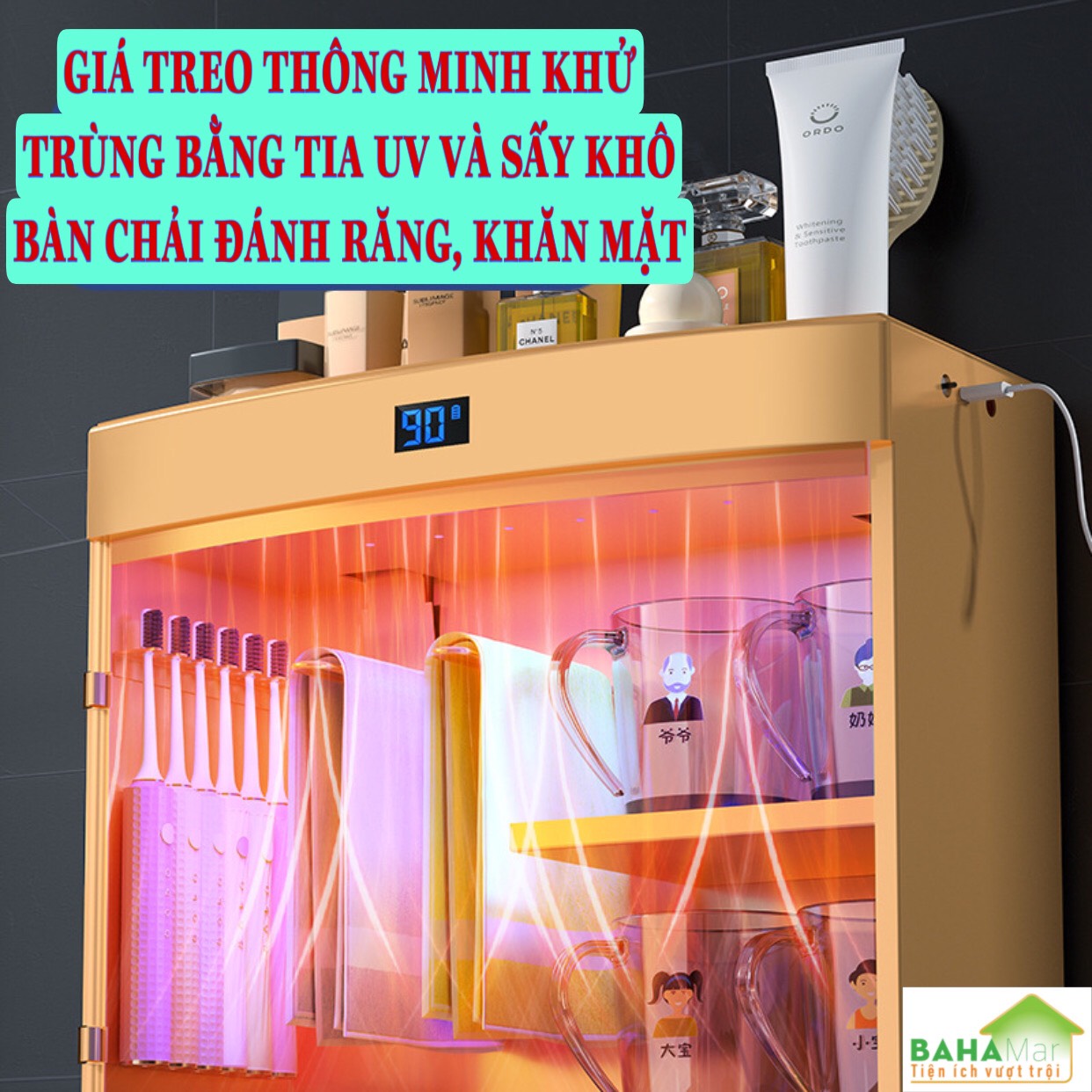 GIÁ TREO THÔNG MINH KHỬ TRÙNG BẰNG TIA UV VÀ SẤY KHÔ BÀN CHẢI ĐÁNH RĂNG, KHĂN MẶT "BAHAMAR" tia cực tím khử trùng và tạo ôzôn lan tỏa. bàn chải đánh răng cài từng vị trí dễ thoát nước, ngăn ngừa lây nhiễm chéo.